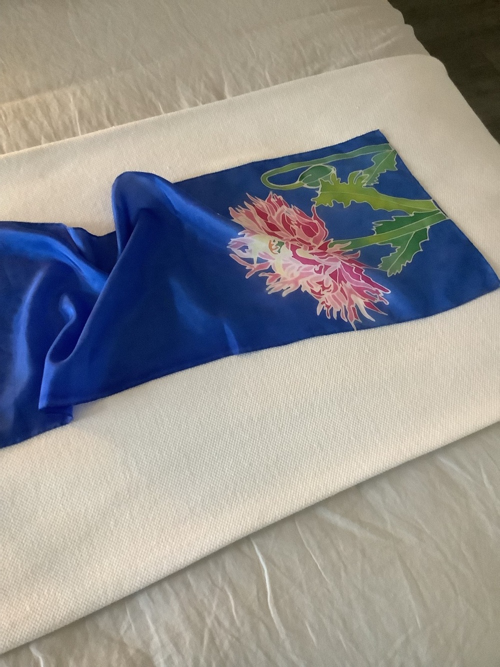 Gwen Paquin Silk Long Scarf Blue Pink Floral Botanical Oblong Signed